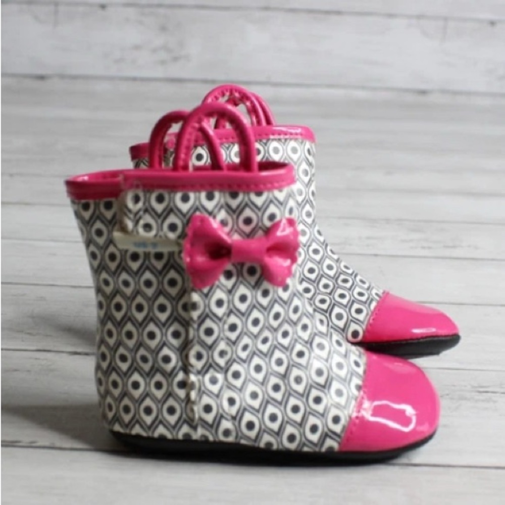 Pink Toe Cap Robeez Rain Booties Bow Detail Double Velcro Open Sz 6-9 Months/US3